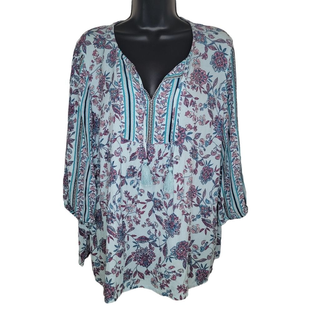 J Jill Ashbury Peasant Tunic Canal Blue Thriving Jacobean Floral peasant top MP